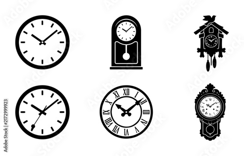 Photography 70 Vector Icons Set: Classic Wall Clock, Grandfather Clock, Cuckoo Clock, Roman