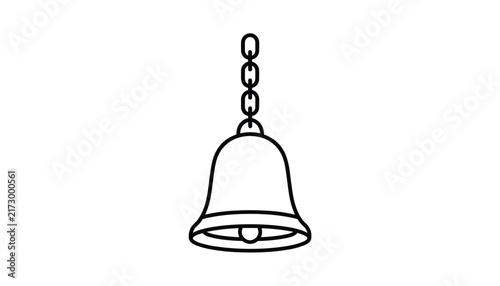 Simple outline illustration of a classic hollow metal bell hanging on a long metal chain over white background.
