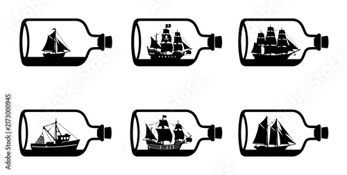 Bild auf Leinwand 70 Nautical Icons Set: Vintage Sailing Ships and Fishing Boat in Glass Bottles,
