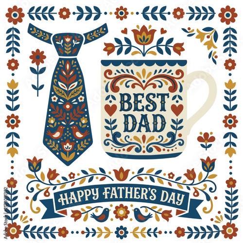 Happy Fathers Day decorative floral greeting card with vintage ornaments.