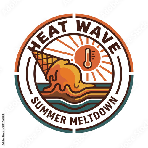 Heat Wave Summer Meltdown Thermometer Sun Emblem Logo Badge.