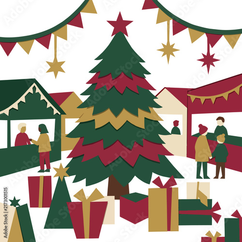 Christmas holiday village with decorated evergreen tree and gift presents illustration.