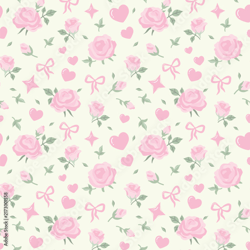 Seamless pastel floral pattern with pink roses, buds, hearts, bows, leaves and sparkling stars on a warm cream background, ideal for fabric, wallpaper, gift wrap, stationery, nursery decor 