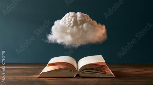Soft brain shaped cloud above open notebook showcasing brain fog mental clarity symbolism and quiet luxury wellness concept