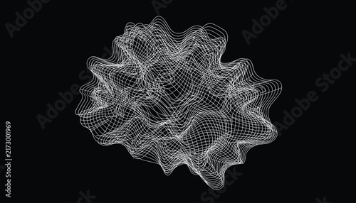 Abstract digital wireframe particle sphere with complex organic curves glowing white on a pitch black background.