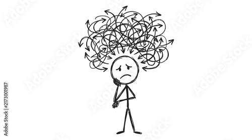 Bild auf Leinwand A stick figure with a confused expression, surrounded by a chaotic mess of arrows representing tangled thoughts and mental clutter