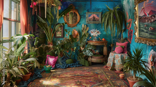 Indoor tropical plant collection with decorative pots and vintage decor in sunlit bohemian room