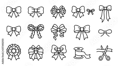 Ribbon Bow Gift Wrapping Wedding Decorative Black Line Art Vector Set 18