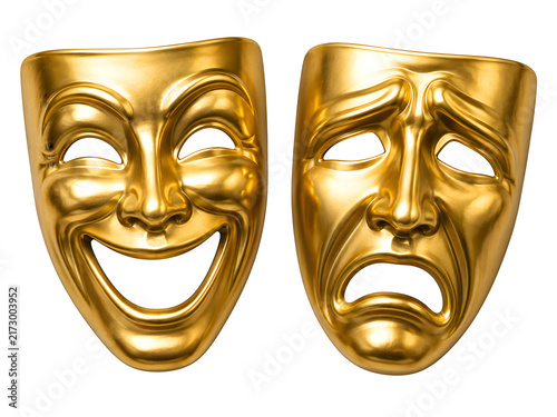 Golden theater masks, comedy and tragedy drama faces, metallic acting trophies isolated on Transparent Background