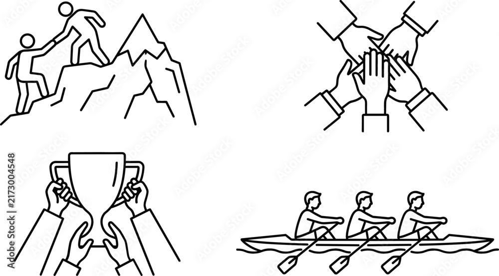 Fototapeta premium Business Teamwork and Partnership Line Icon Set with Concepts of Achievement, Success, Cooperation, Mentorship, Goal Attainment, and Collaboration for Corporate Projects