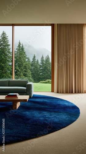 Modern minimalist Scandinavian living room with forest view
