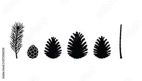 Black silhouettes of various pine cones and branches arranged in a neat row, isolated on a clean white background.