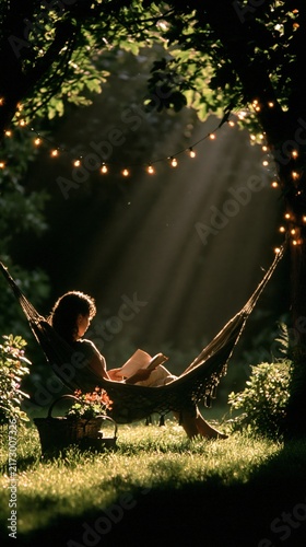 Peaceful moment reading a book in a hammock during golden hour