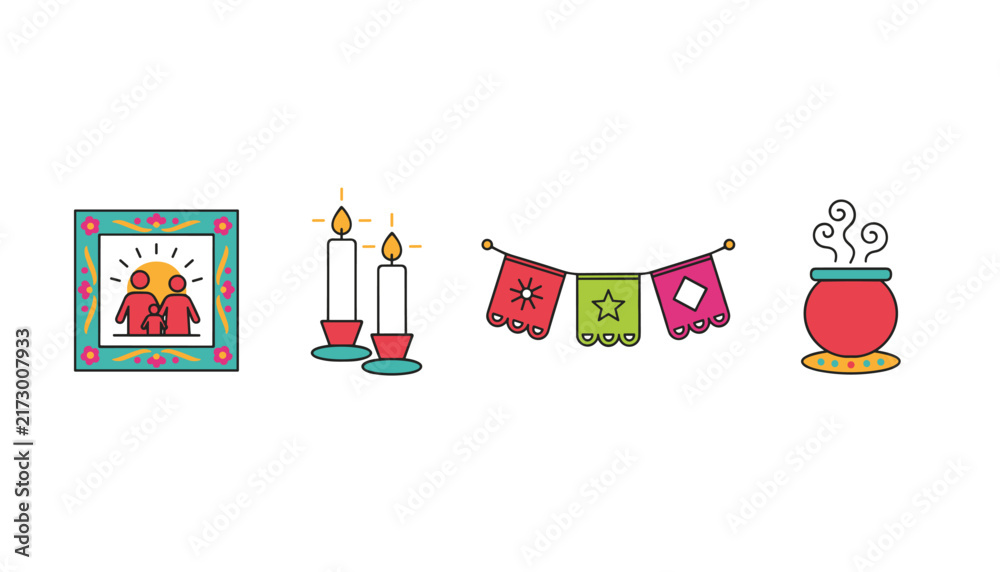 Fototapeta premium Festive day of the dead elements including family photo frame, burning candles, hanging banner, and cauldron.
