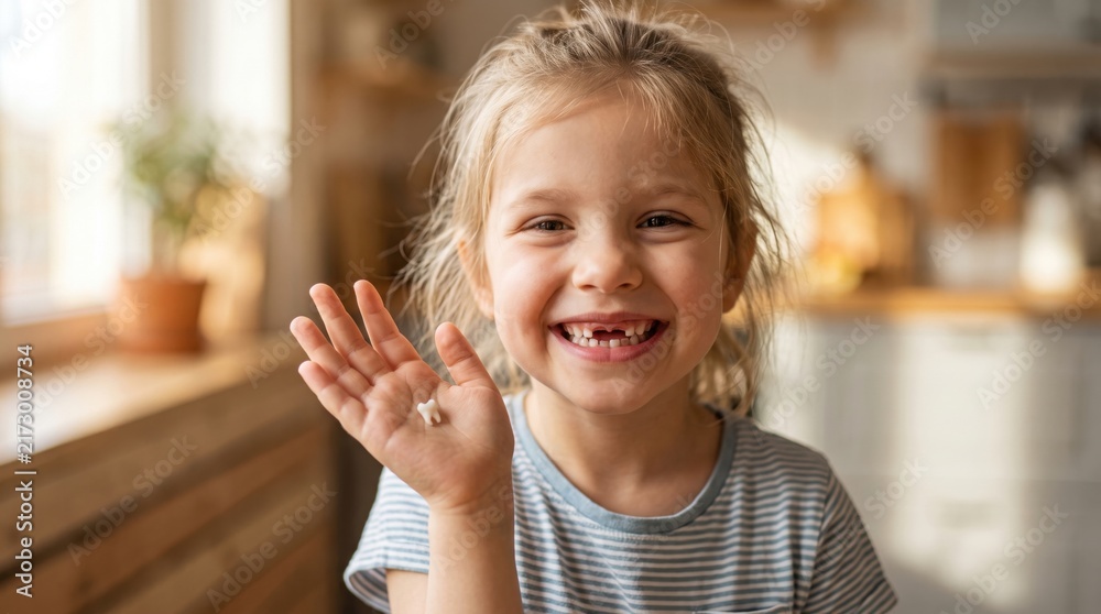 Fototapeta premium A joyful young girl with a missing front tooth waves happily in a warmly lit room.