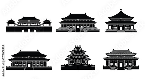 Принти на полотні Chinese palace silhouettes depict traditional architecture on a white background