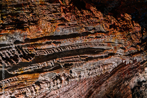 Photography Black lava coils around reddish mineral seams inside Raufarholshellir, Iceland