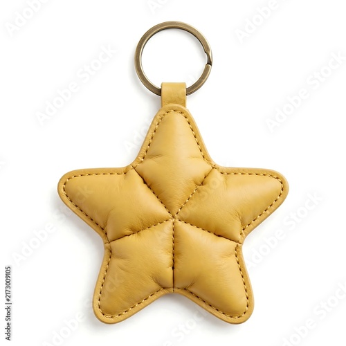 yellow puffer leather keychain in star shape with brass metal split ring, isolated on white background
