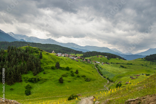 Scenic view of Shenako, a traditional mountain village in Tusheti, Georgia