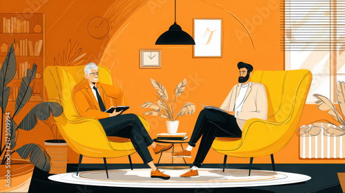 Professional financial advisor consulting mature client in modern luxury home office with warm lighting