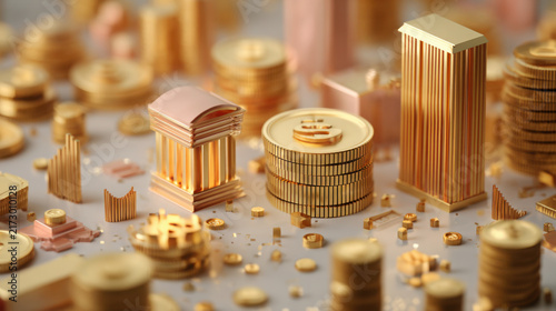 Golden coins and bars stacked with growth chart for financial investment success and wealth building