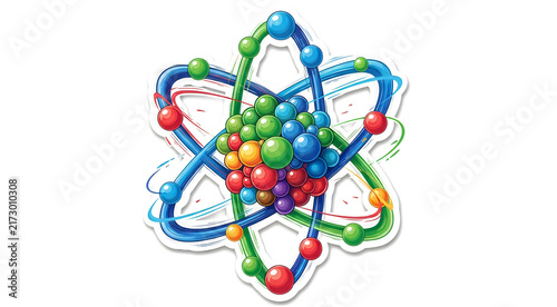 Colorful 3D atom model isolated on white background for science and education design