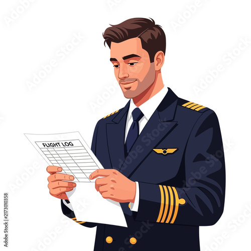 Male Commercial Pilot Reviewing Flight Log