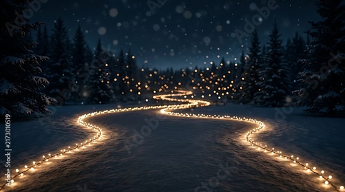 Winding path of glowing christmas string lights through a snowy winter pine forest at night