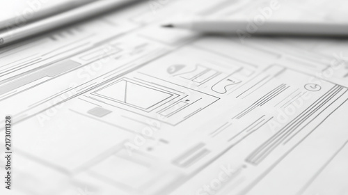 Website Wireframe Sketch and UX/UI Design Concept on Paper with Pencil