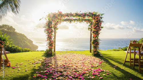 Tropical Outdoor Wedding Arch with Floral Decoration and Ocean View at Sunset