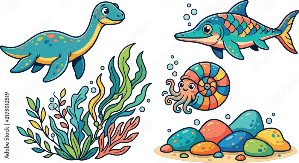 Obraz premium Cute prehistoric marine dinosaur and sea creature cartoon set with underwater plants and stones