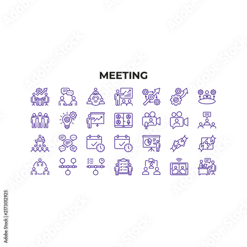 Meeting Icons: A collection of simple, purple line art icons representing various aspects of a business meeting, including discussion, planning, presentation, and collaboration.