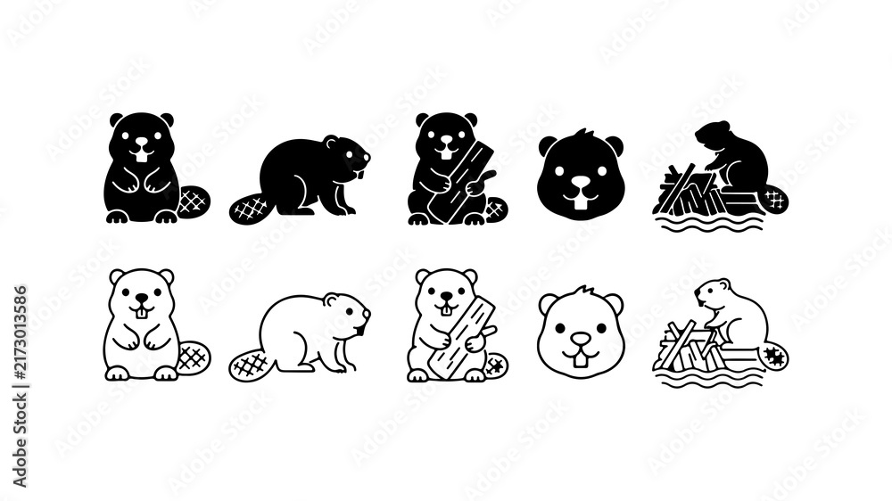 Fototapeta premium Beaver Icon Set in Silhouette and Line Art Style