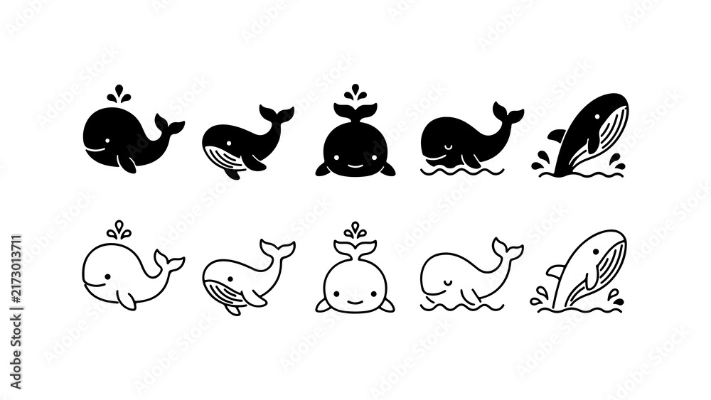 Fototapeta premium Cute Whale Icon Set in Silhouette and Line Art Style