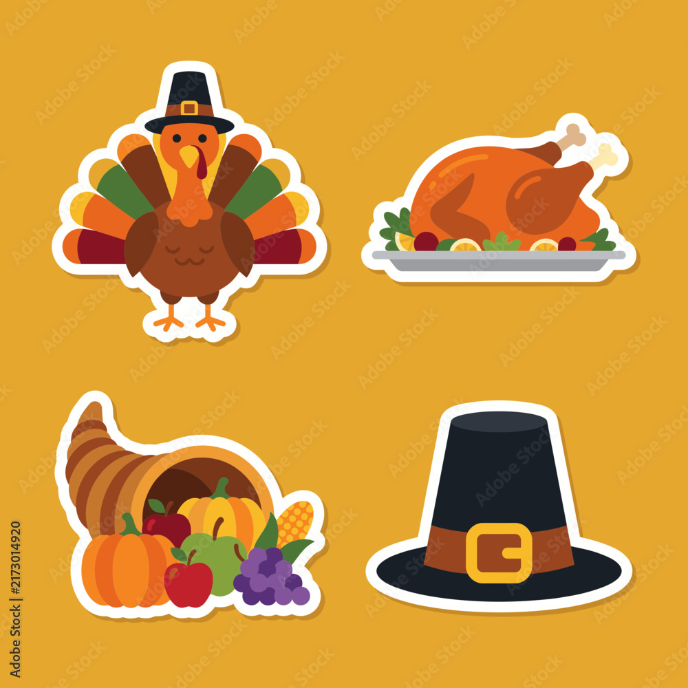 Fototapeta premium Set of cute Thanksgiving stickers featuring a turkey, roasted chicken, cornucopia, and pilgrim hat.