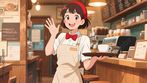 明るい笑顔でトレイにのせたコーヒーを運びながら挨拶をするカフェの女性店員