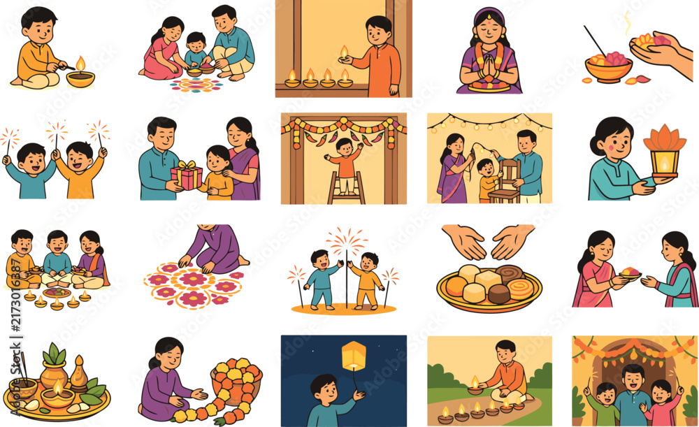 Fototapeta premium Diwali Festival Celebration Family Scenes Stickers Collection indian Hindu Festival Lights Rangoli Sweets Prayer