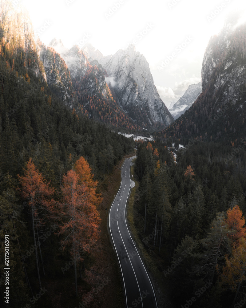 Fototapeta premium Drone shot of the road in Dolomites, Italy