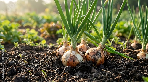 Fresh green onion plants with bulbs growing in dark soil in a vegetable garden during the daytime