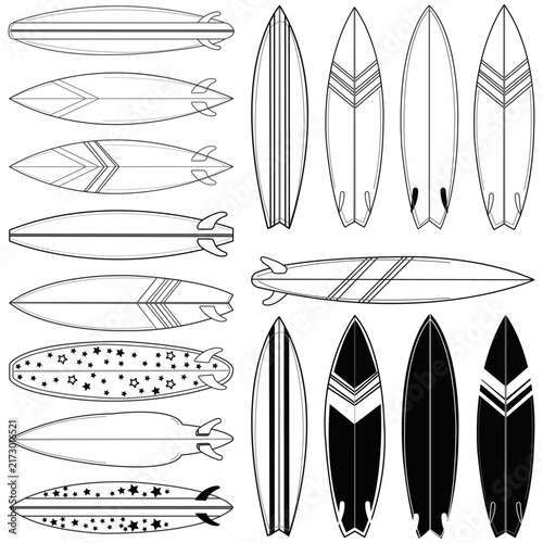 Photography Surfboard set with different shapes patterns and designs hand drawn outline blac