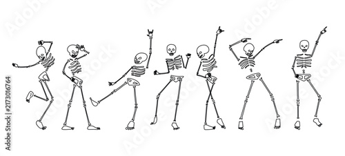 Funny dancing skeletons isolated on white background.  Halloween party.
