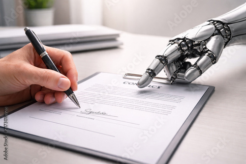 Steel robotic hand pointing to a signature line on a contract while a human hand holds a pen, symbolizing artificial intelligence in business and decision making, AI-generated image