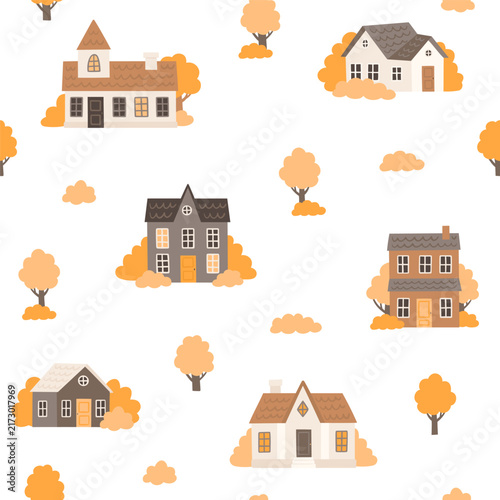 Pattern with cozy autumn houses. Vector seamless texture with different cartoon buildings and yellow trees in flat style on white background. 