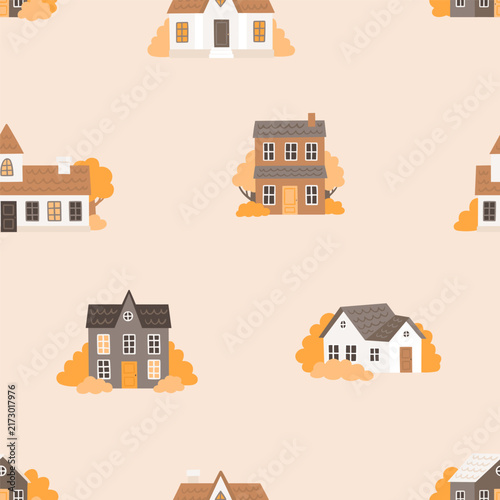 Pattern with cozy autumn houses. Vector seamless texture with different cartoon buildings in flat style on beige background. 