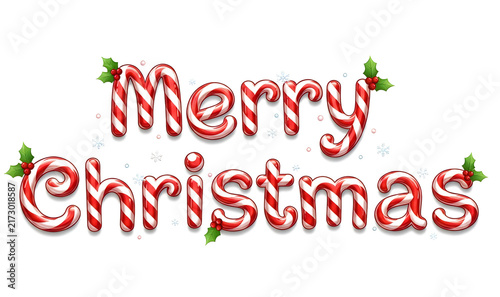 Merry Christmas text made of candy canes isolated on white background