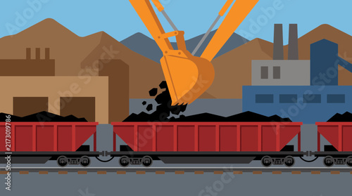 Foto Excavator Loading Coal Into Rail Hopper Cars