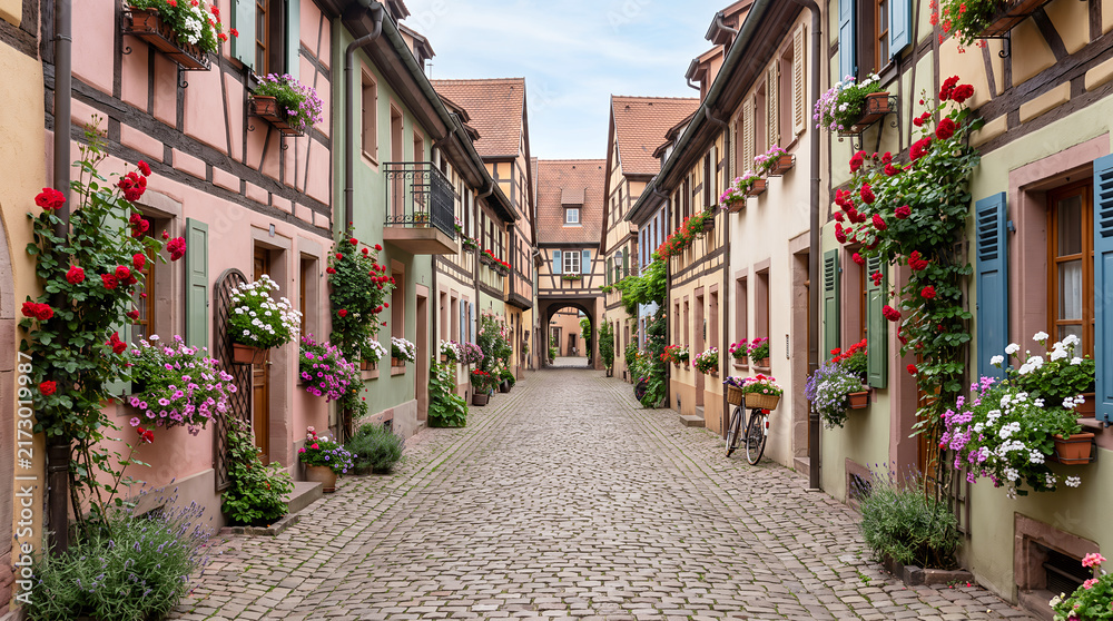 Fototapeta premium Cobblestone alleyway lined with colorful half-timbered houses and abundant flowers street historic european