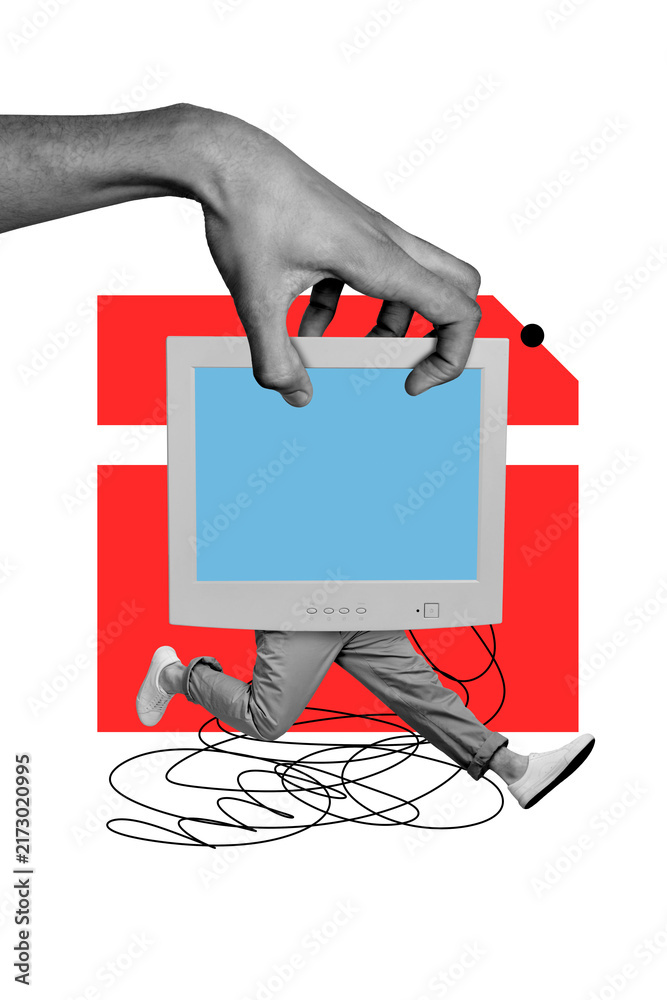 Obraz premium Composite trend artwork sketch image photo collage of anonymous man holding obsolete computer screen run business remote tech workspace