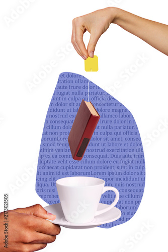 Canvas Print Vertical photo collage of hands hold coffee cup tea bag book education knowledge