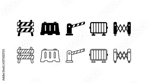 Road Barrier and Traffic Gate Icon Set in Silhouette and Outline Style